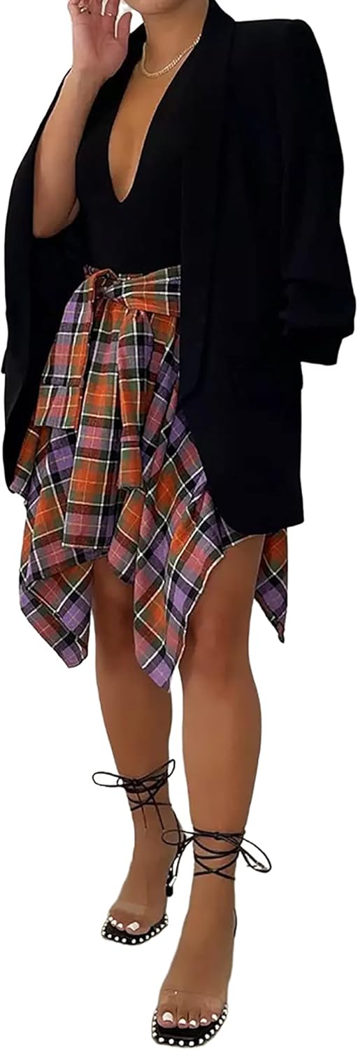 Women's Plaid Skirts High Waisted Knot Front Asymmetrical Hem Mini Skater Skirt - Image 5