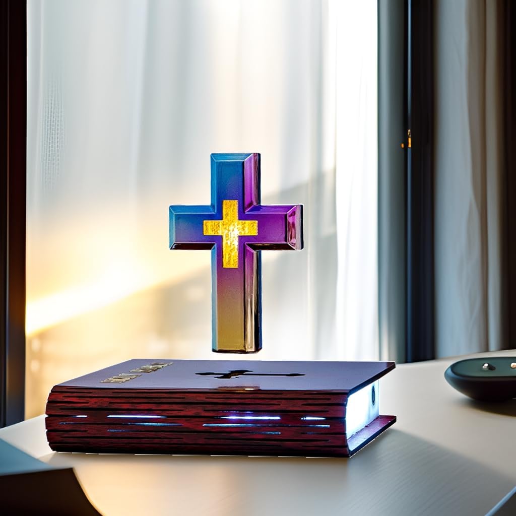 MOOCCI Levitating Cross Lamp Magnetic Floating Bible Night Light Colorful Levitation Cross Ornament with Glowing Base for Home Desk Table Decoration