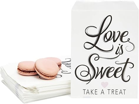 Sparkle and Bash Love Is Sweet Paper Treat Bags - Pack of 100, 5 x 7.5 In White - Wedding & Bridal Shower Sweet Treat Bags & Favor Holders - Cookie & Candy Gift Totes
