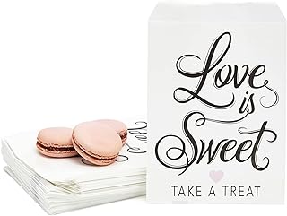 Sparkle and Bash Love Is Sweet Paper Treat Bags - Pack of 100, 5 x 7.5 In White - Wedding & Bridal Shower Sweet Treat Bags & Favor Holders - Cookie & Candy Gift Totes