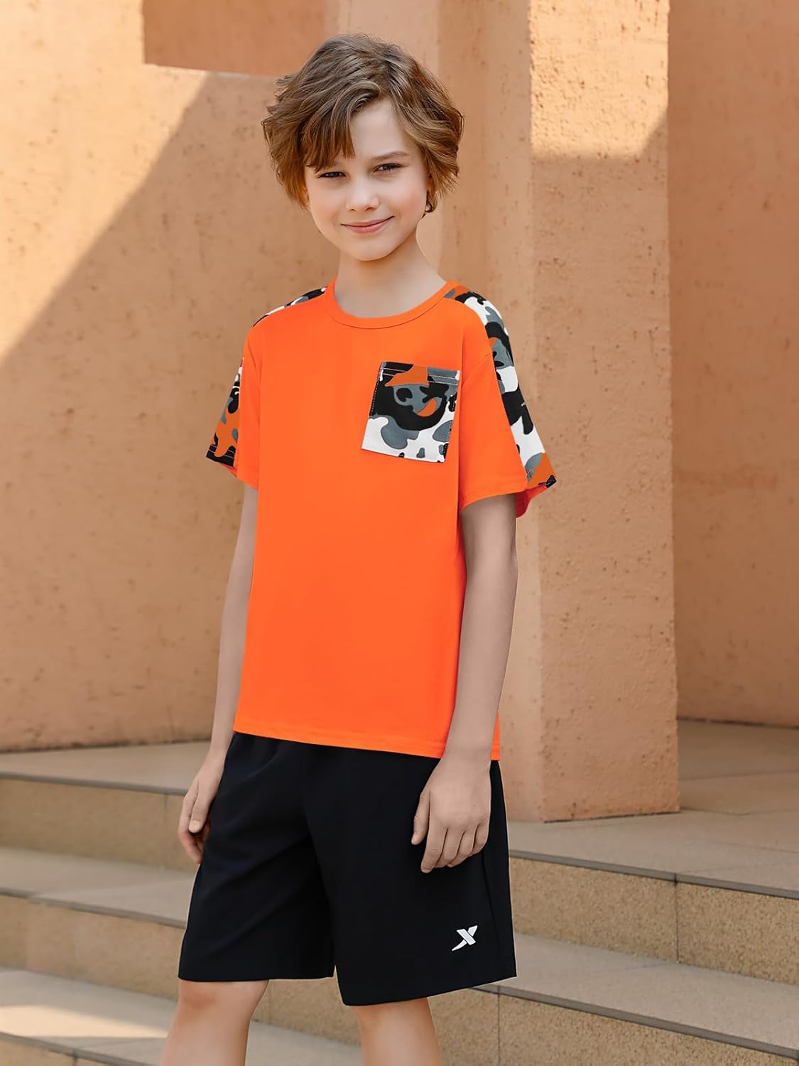 Haloumoning Boys Short Sleeve Shirts Kids Summer Colorblock Crewneck T-Shirts Casual Tops Tees with Pocket 5-14 Years - Image 3