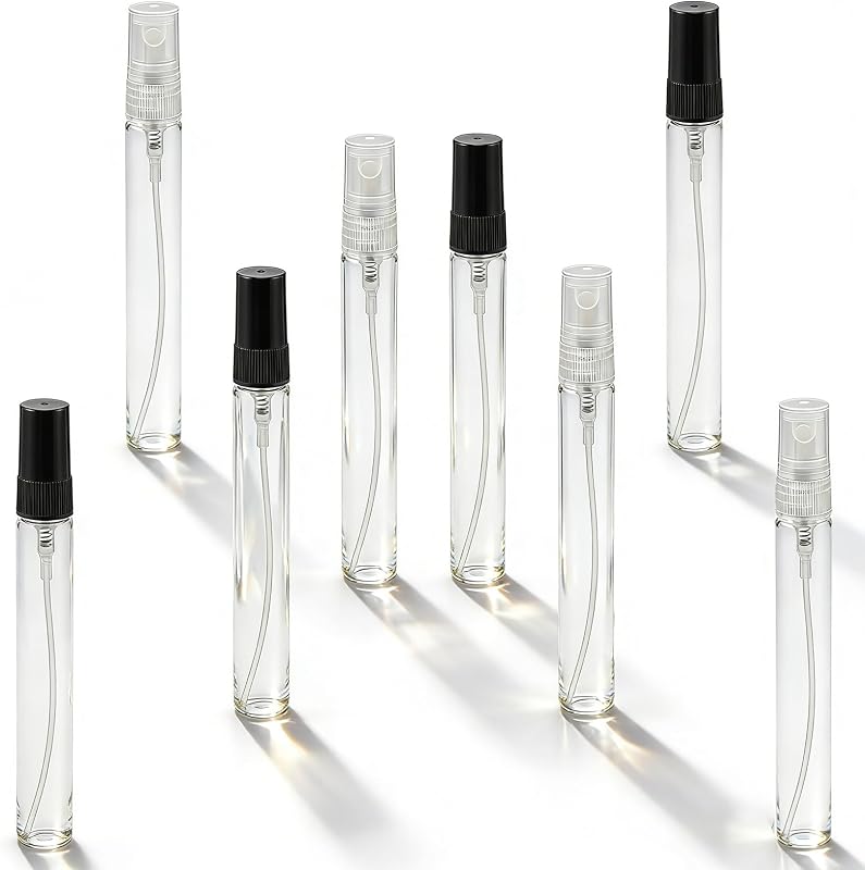 Frascos de Perfume Recarregáveis LUSTRIB em Vidro, 10 mL, com Tampas Transparentes e Pretas, Pacote com 8