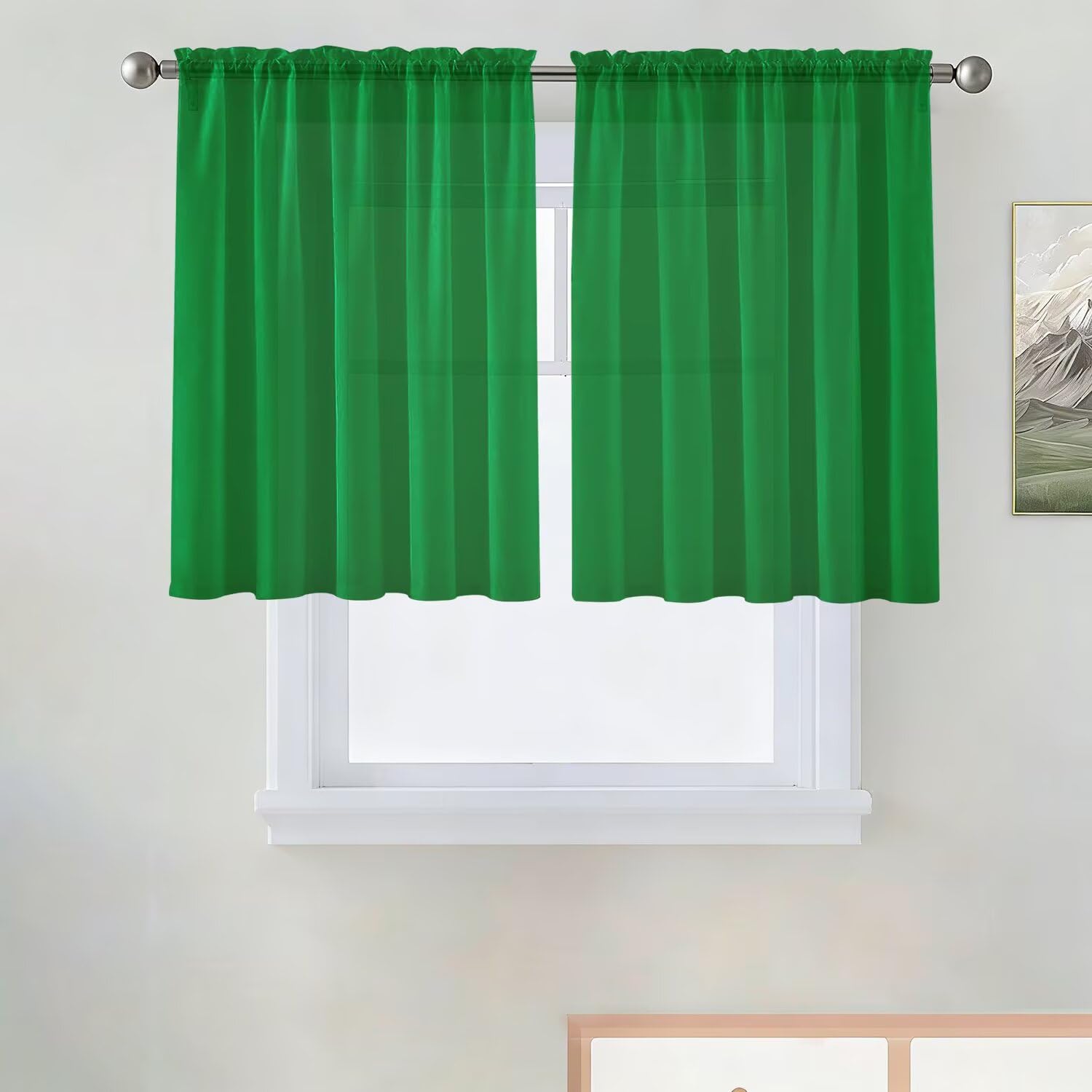 SpaceDresser Basic Rod Pocket Sheer Voile Window Curtain Panels Green 1 Pair 2 Panels 52 Width 36 Inch Long for Kitchen Bedroom Children Living Room Yard（Green, 52W x 36L）