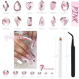 qiipii 3080Pcs Pink Nail Rhinestones 120 Multi Shapes Flatback Rhinestones Big Gems +2960 Light Pink Round Beads K9 Glass Stones Diamonds jewels Crystals for Nails Faces Eyes Makeup Clothes Crafts DIY