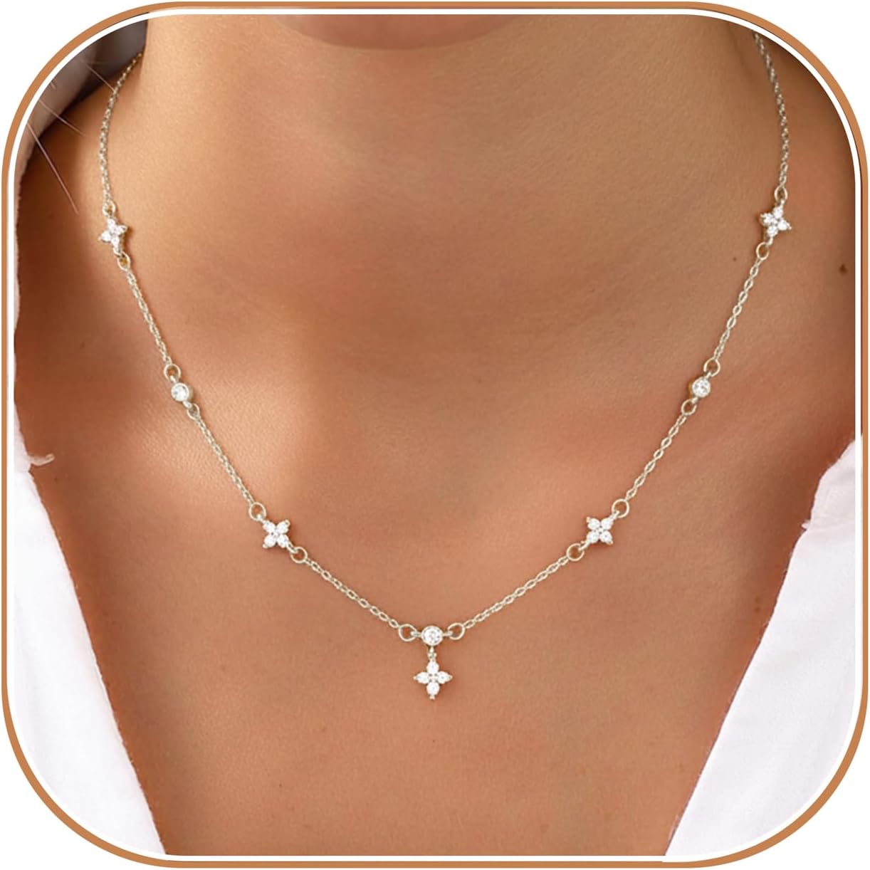 Dainty Clover Silver Gold Necklaces for Women Cute Station Choker Necklace for Women Non Tarnish 14K Gold Plated Flower Friendship CZ Necklace Stack for Wedding Prom Brides Jewelry Gifts