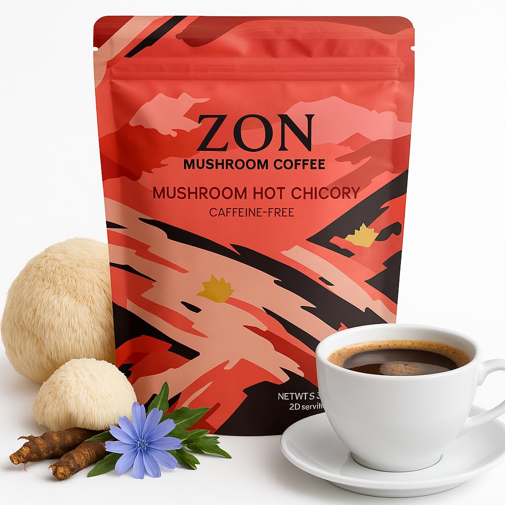 ZON Mushroom Coffee Alternative, Caffeine Free Instant Chicory Blend with Lions Mane, Reishi, Cordyceps, Turkey Tail, Shiitake & King Trumpet, MCT + Coconut Oil Powder, Vegan Keto Friendly, 180g (30 Servings)
