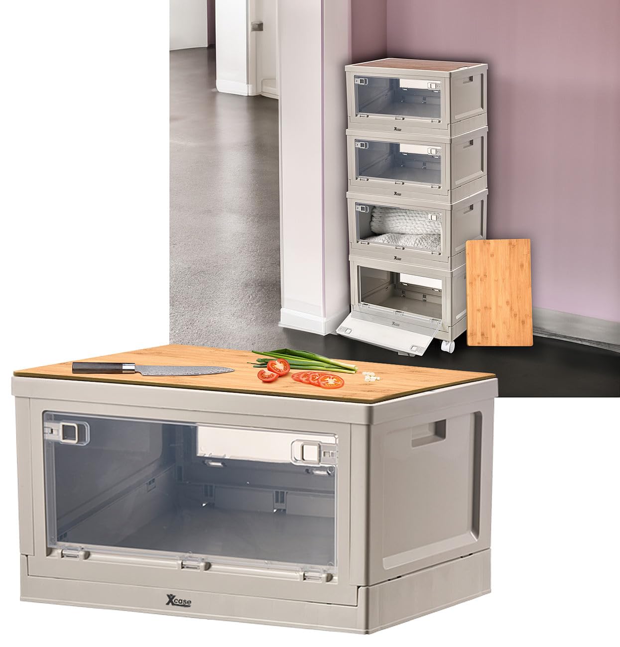 Xcase Klappboxen: 4er-Set Camping-Aufbewahrungsboxen, falt- & stapelbar, MDF-Ablage, 55l (Camping Box mit Klappe, Boxen mit Sichtfenster, Schuhe)