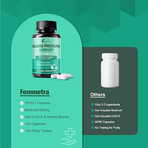 Miniatura 5 de Suplemento de presión arterial de cápsulas de raíz de remolacha - Suplemento de remolacha 16 en 1 con CoQ10, espino, hibisco y ajo para una