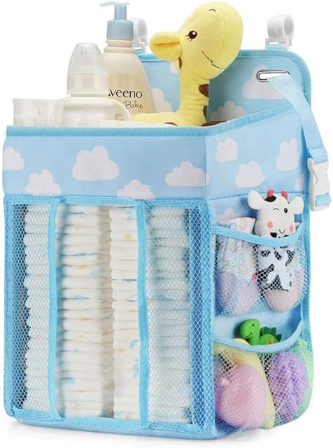 Nappy Caddy Organiser Storage, Nursery Organisers, Hanging Storage Bag for Nappies, Diaper, Clothes, Toys, and Towels (Blue) 