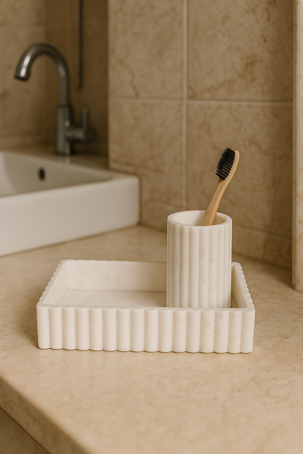 White Marble Vanity Tray with Brush Holder - Handmade -6