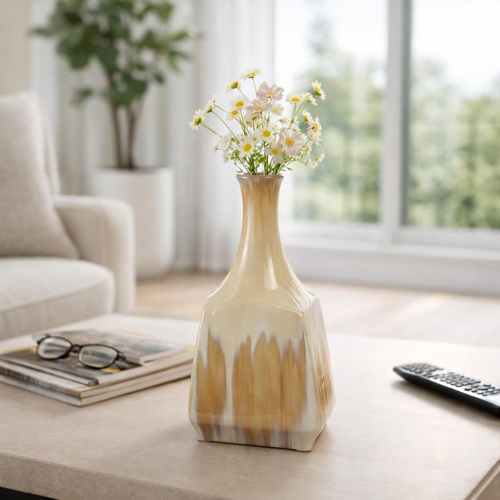 Decorative Two-Tone Glazed Ceramic Vase for Living Room and Home Decor - Sculptural Accent Flower Vase for Kitchen and Bedroom Display - Decorative Display for Office Tabletop - 12", Tan & Ivory