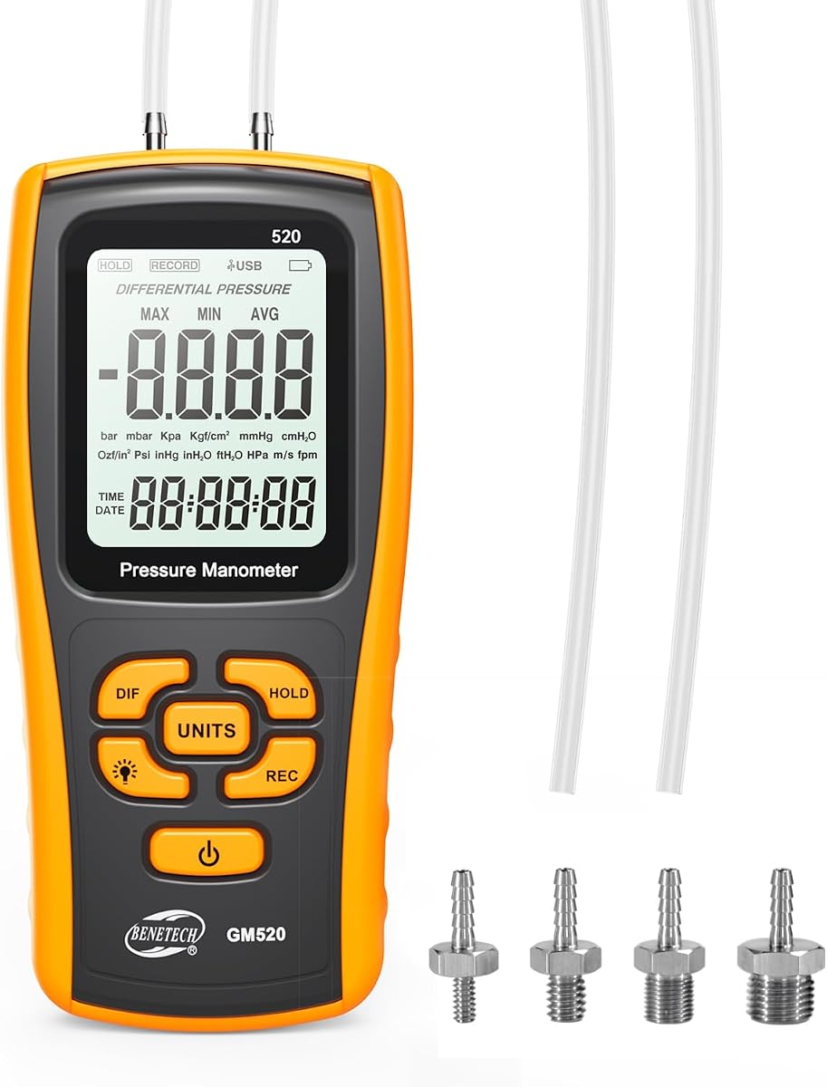 Digital Manometer Gas Pressure Tester, Professional Air Pressure Meter, Differential Pressure Gauge for HVAC, Gas Valve (GM520)