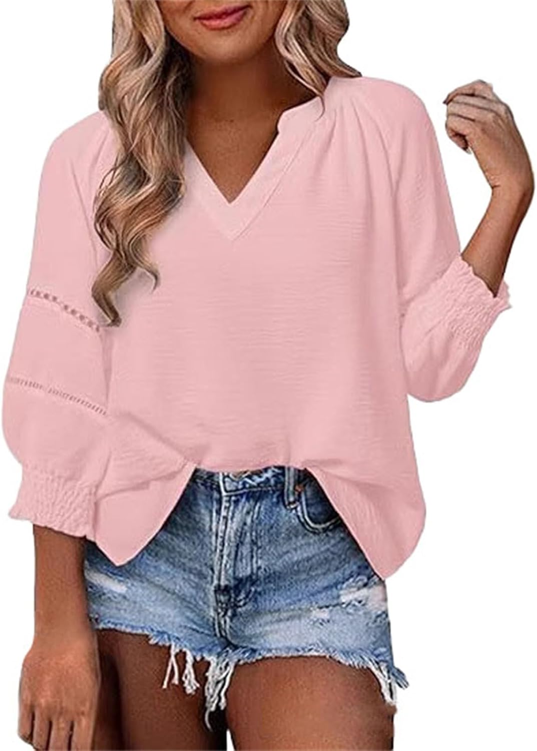 Womens 3/4 Sleeve Chiffon Tops Smock Neck Pleated Business Casual Outifits Blouses Office Loose Shirts