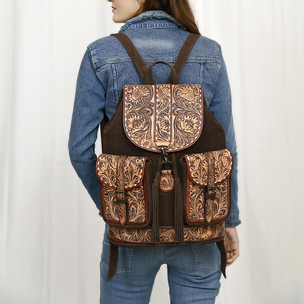 American Darling Western Leather Backpack Bag with Hand-Tooled Floral Carving, Genuine Suede Leather, Adjustable Straps, Spacious Interior, Premium Craftsmanship