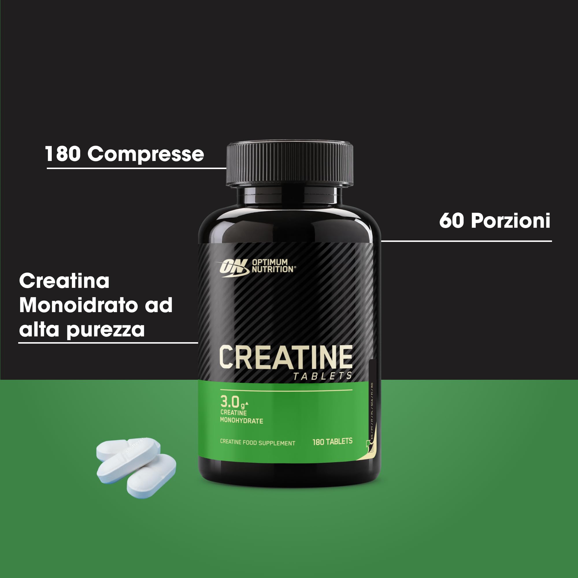 Optimum Nutrition Creatine Tablets – 3 g di Creatina Monoidrato per Porzione per Supportare le Prestazioni Durante l’Allenamento ad Alta Intensità – 60 Porzioni (180 Compresse)
