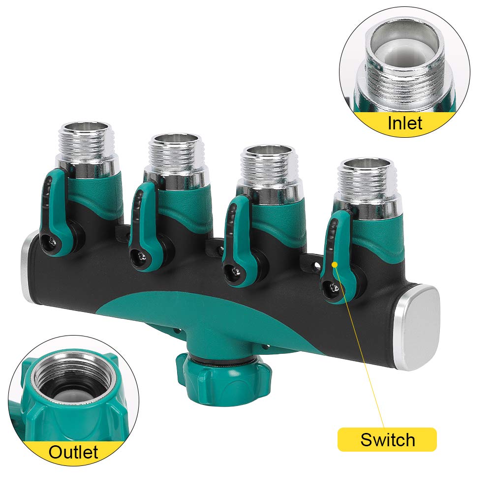 4 Ways Garden Hose Splitter, Heavy Duty Garden Hose Connector, Ball Valve Water Hose Splitter with Rubber Washers for Outdoor Faucet, Sprinkler, Drip Irrigation Systems & Lawns Product