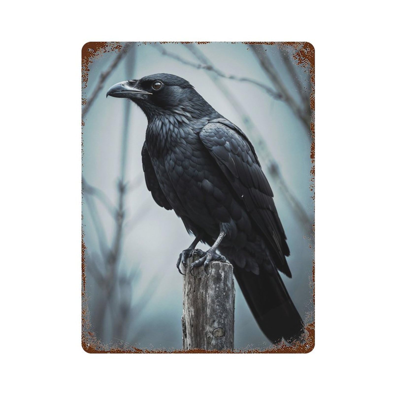 Weathered Tin Sign Watchful Crow on Wooden 15.7"x11.8", Rustic Home Decor for Bistro, Counter And Cafe Decor