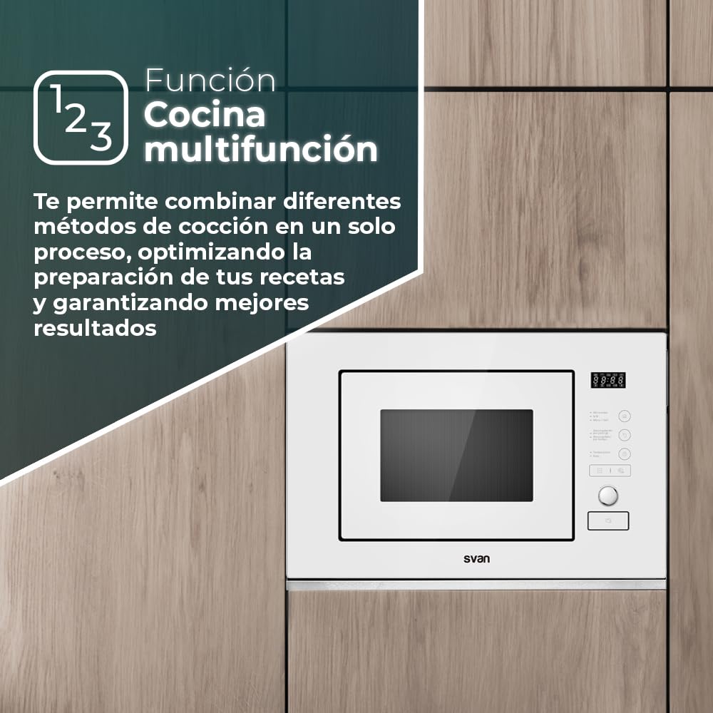 Svan Microondas 20 Litros Integrable con Grill Blanco SMWI2800DGB. 800W, Grill 1000W, 8 Programas, Modo Descongelación, Revestimiento Interior, Fácil Limpieza, Temporizador 95min.