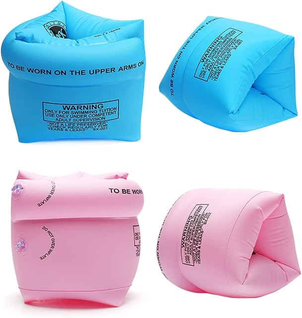 2 Pairs Childs Inflatable Swim Armbands Float Roll up Sleeves Ages 2-12 Years Toddler Junior Arm Float Swimming Ring Water Floaties Kids Pool Water Sports Learning Swim Training Aids
