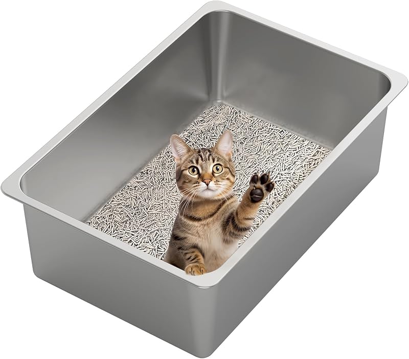 Caixa de Areia XXL para Gatos em Aço Inoxidável com Laterais Altas Kirecoo 59,51 x 39,50 x 19,51 cm