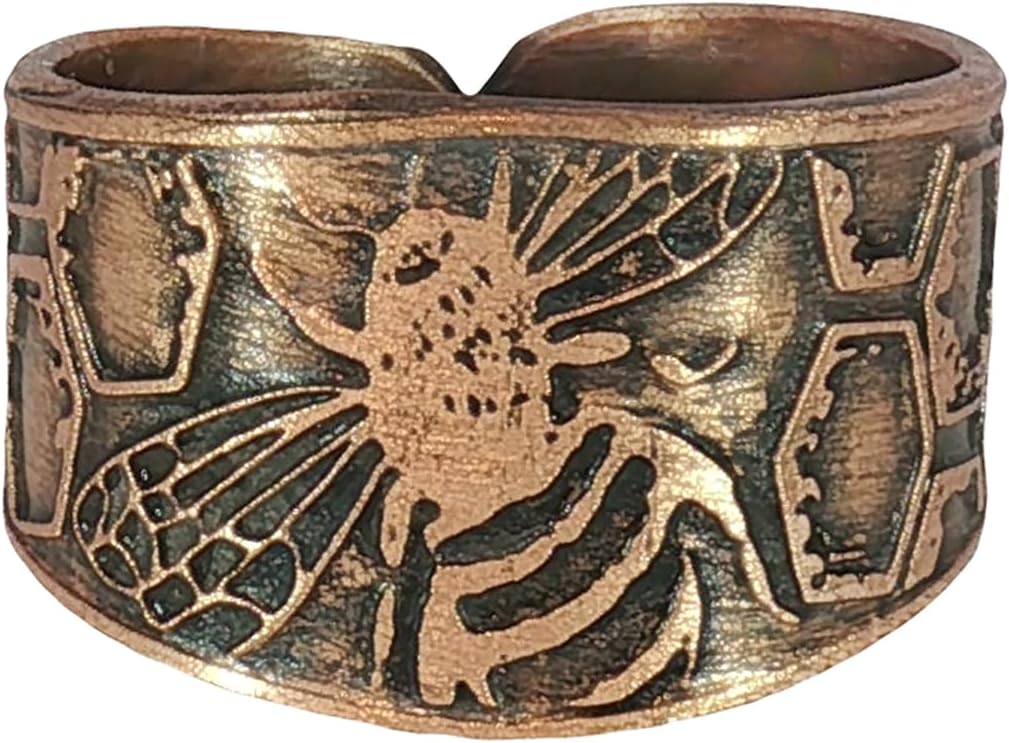 Solid Copper Adjustable Etched Bumblebee Ring, Rustic Antique Copper Patina