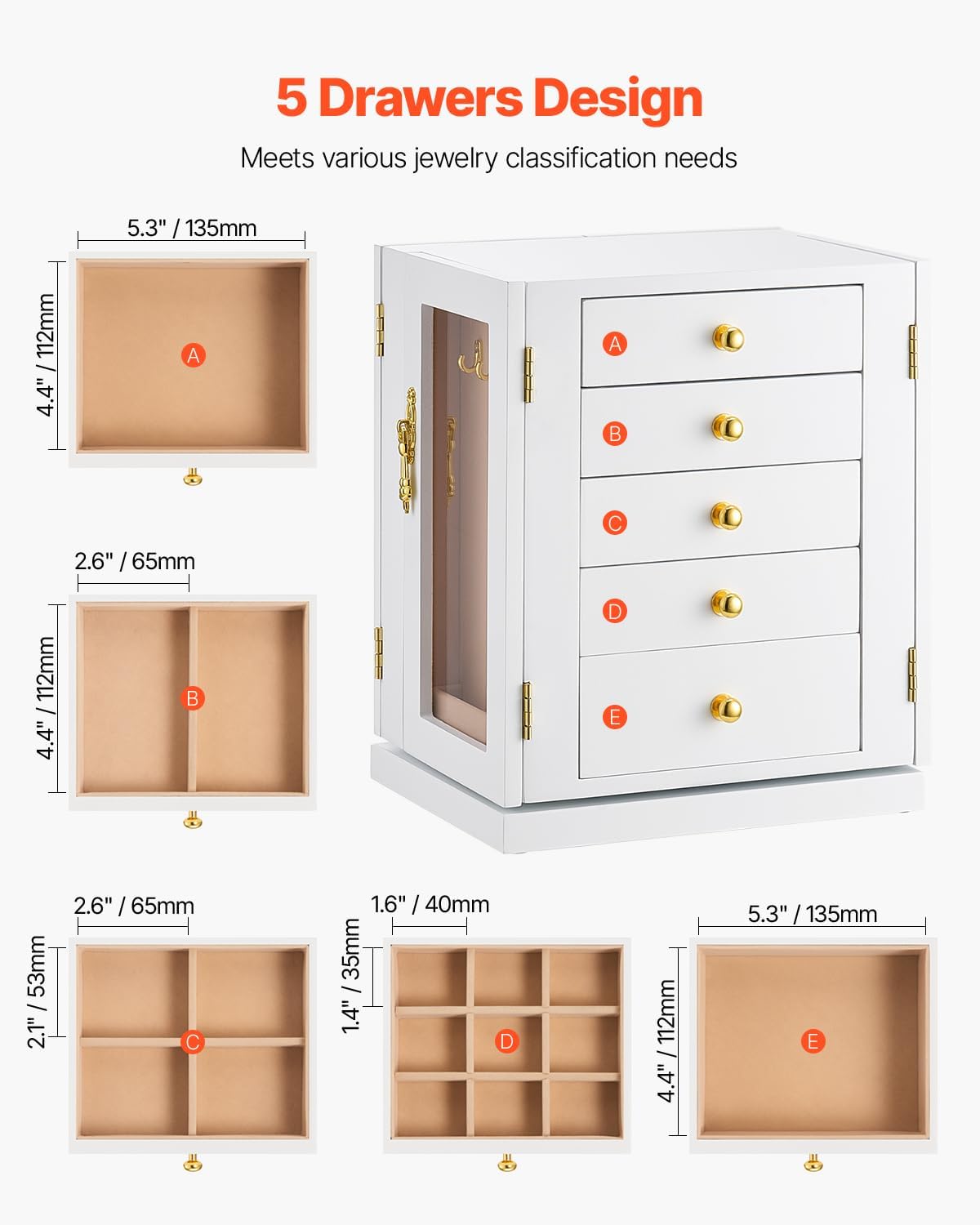 VEVOR Jewelry Box, 360° Rotating Jewelry Organizer with 5 Drawers, Acrylic Window, 4 Necklace Hooks on Each Side, Spacious Storage Case with Metal Handles, Bottom Pad and Soft Velvet Lining, White