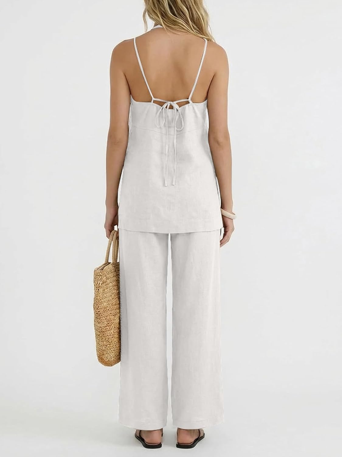 UNCOOYEE Womens 2 Piece Linen Outfits Halter Neck Sleeveless Side Split Top Wide Leg Pants Set Casual Beach Travel Sets