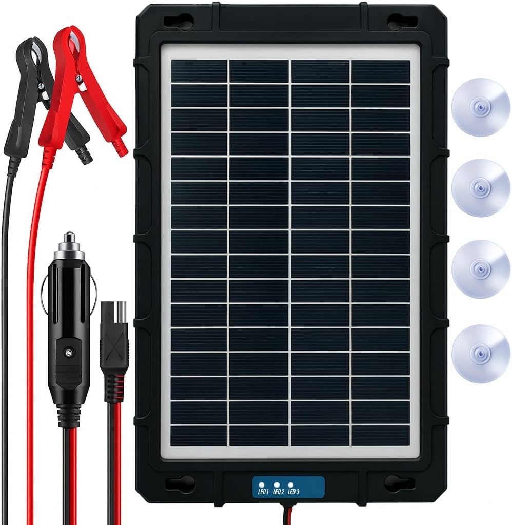 Xtremeauto 7.5W Solar Battery Trickle Charger &amp; Maintainer – Waterproof 12V Solar Panel Charging Kit with Premium Cells – Portable for Car, Boat, Motorcycle, ATV, RV, Tractor, Marine