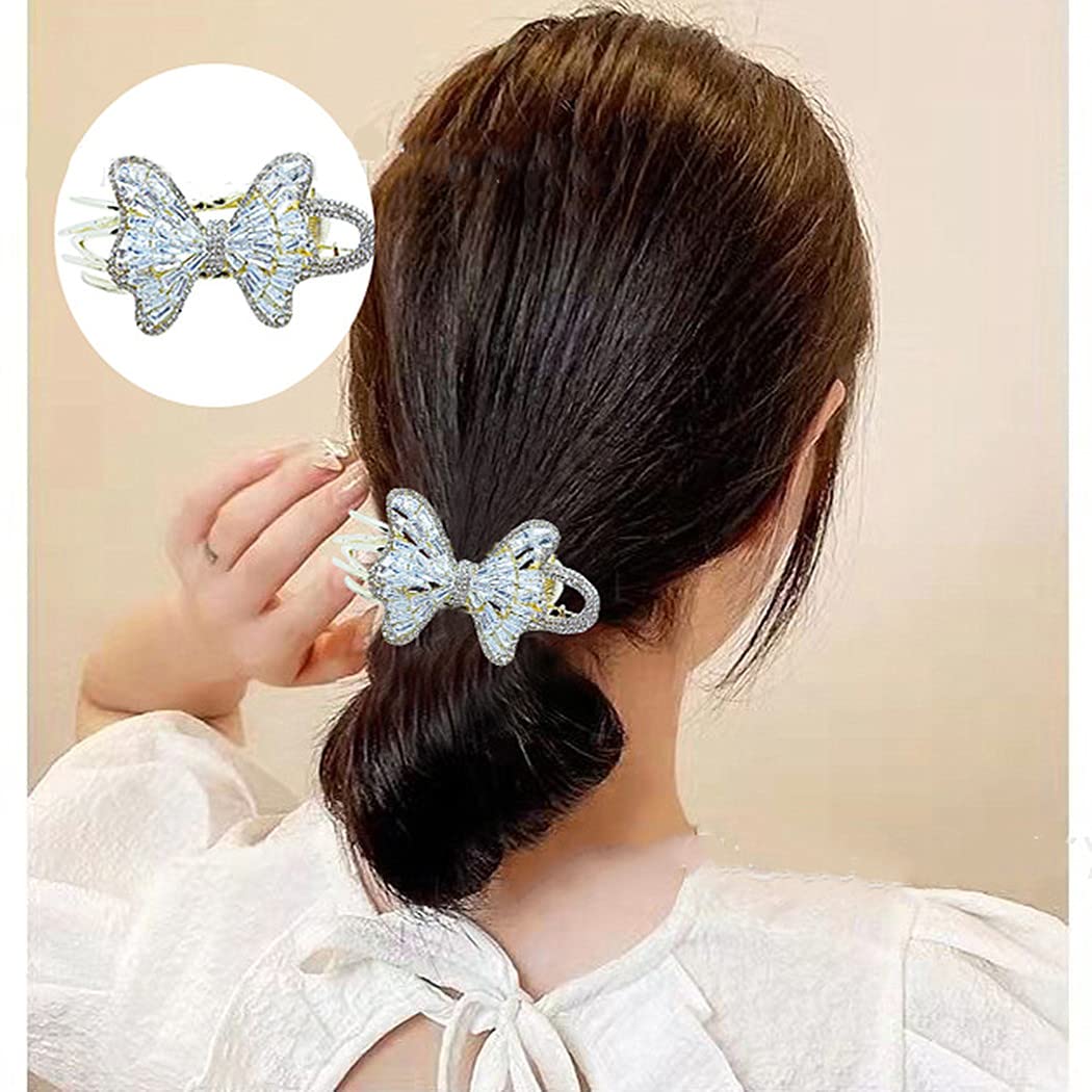 Amazleer Silver Bow Hair Clips For Women, Sparkling Rhinestone Crystal - View #3