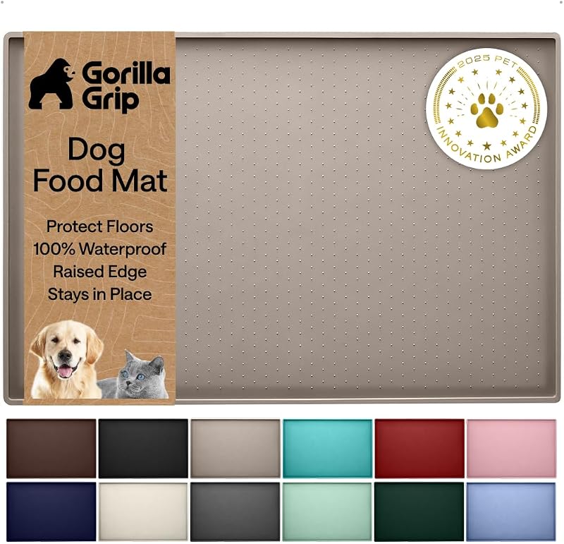 GORILLA GRIP Tapete de alimentación para mascotas de silicona 100% impermeable con borde elevado sin BPA, tapetes para comida para perros y gatos que contienen derrames, protege los pisos, manteles individuales para gatos y perros, cuenco de agua, accesorios para mascotas 18.5x11.5 Beige
