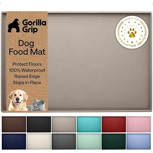 GORILLA GRIP 100% Waterproof Raised Edge BPA Free Silicone Pet Feeding Mat, Dog Cat Food Mats Contain Spills Protects Floors, Placemats for Cats and Dogs Water Bowl, Pets Accessories 18.5x11.5 Beige