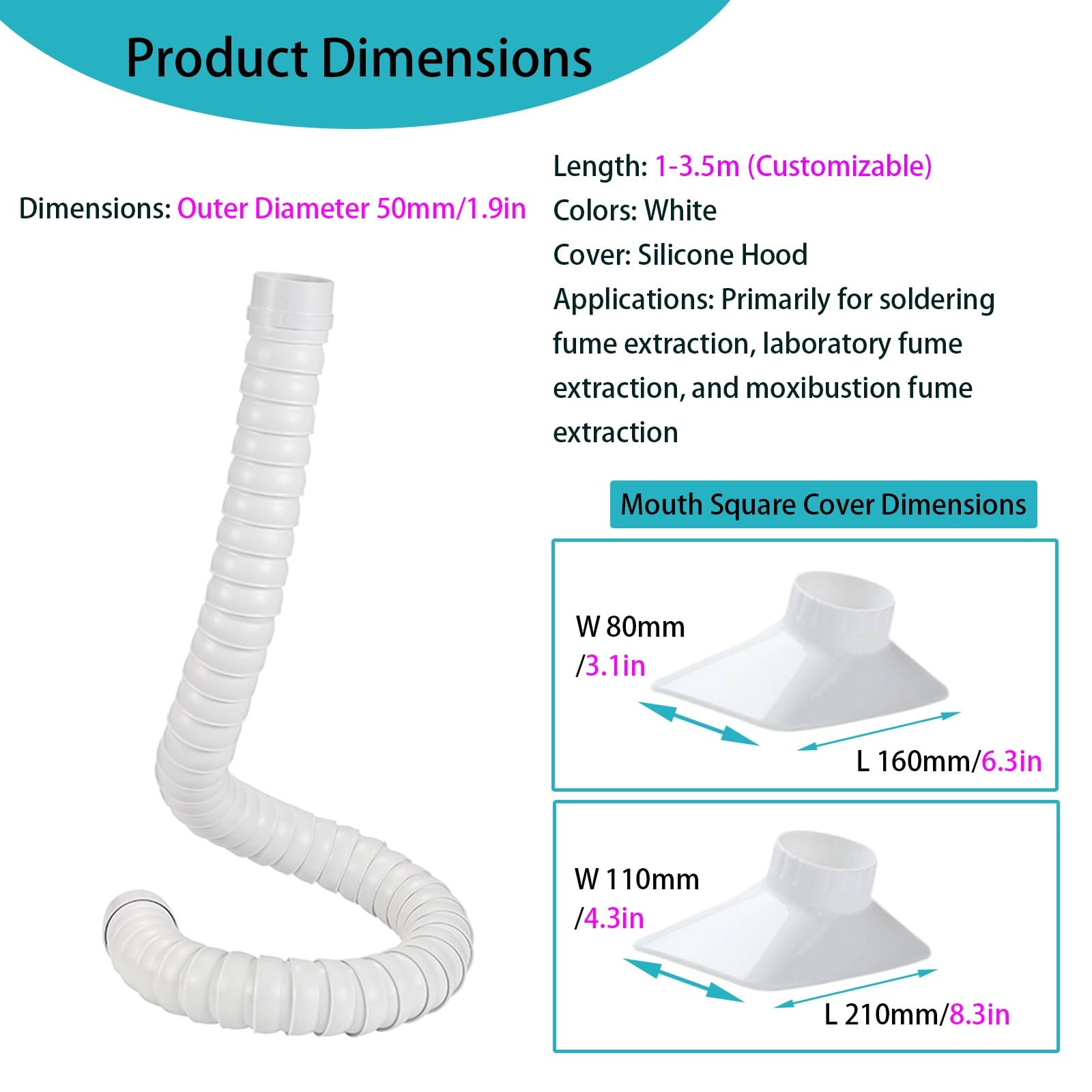 Brazo de extracción de humos blanco, extractor de manguera universal para salón de belleza/laboratorio, tubo articulado, 0,5 m - 19,7 pulgadas