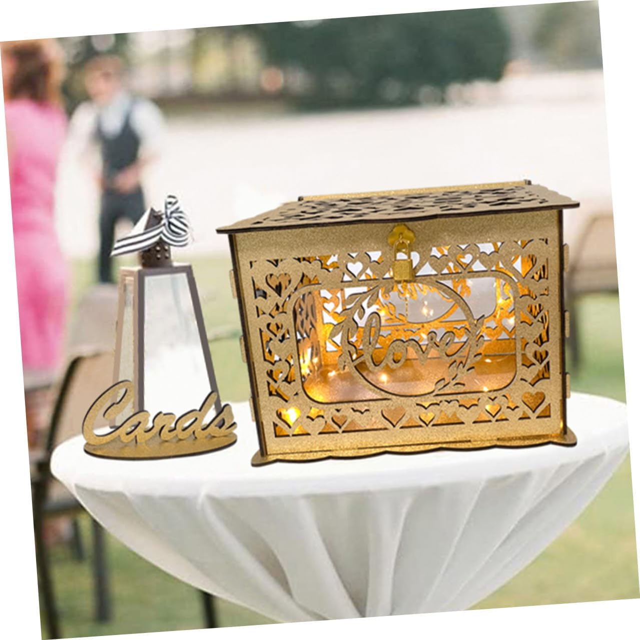 VICASKY Wooden Hollow Greeting Card Box with Glitter, Square Wedding Card Holder for Anniversary and Birthday Party, Wedding Blessing Envelope Storage Box