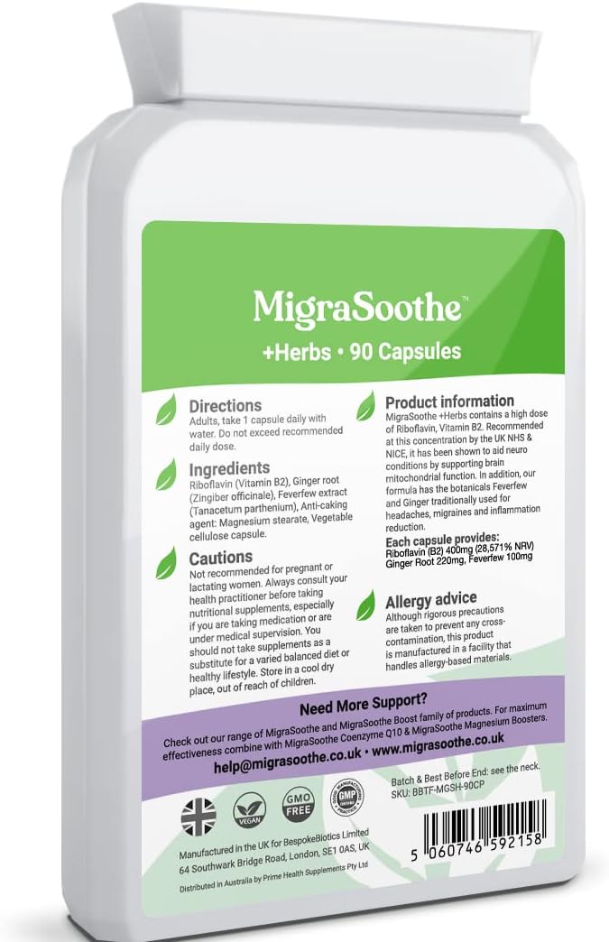 Migraine Relief Feverfew + Ginger + Vitamin B2 Riboflavin 400mg per Capsule - Image 3