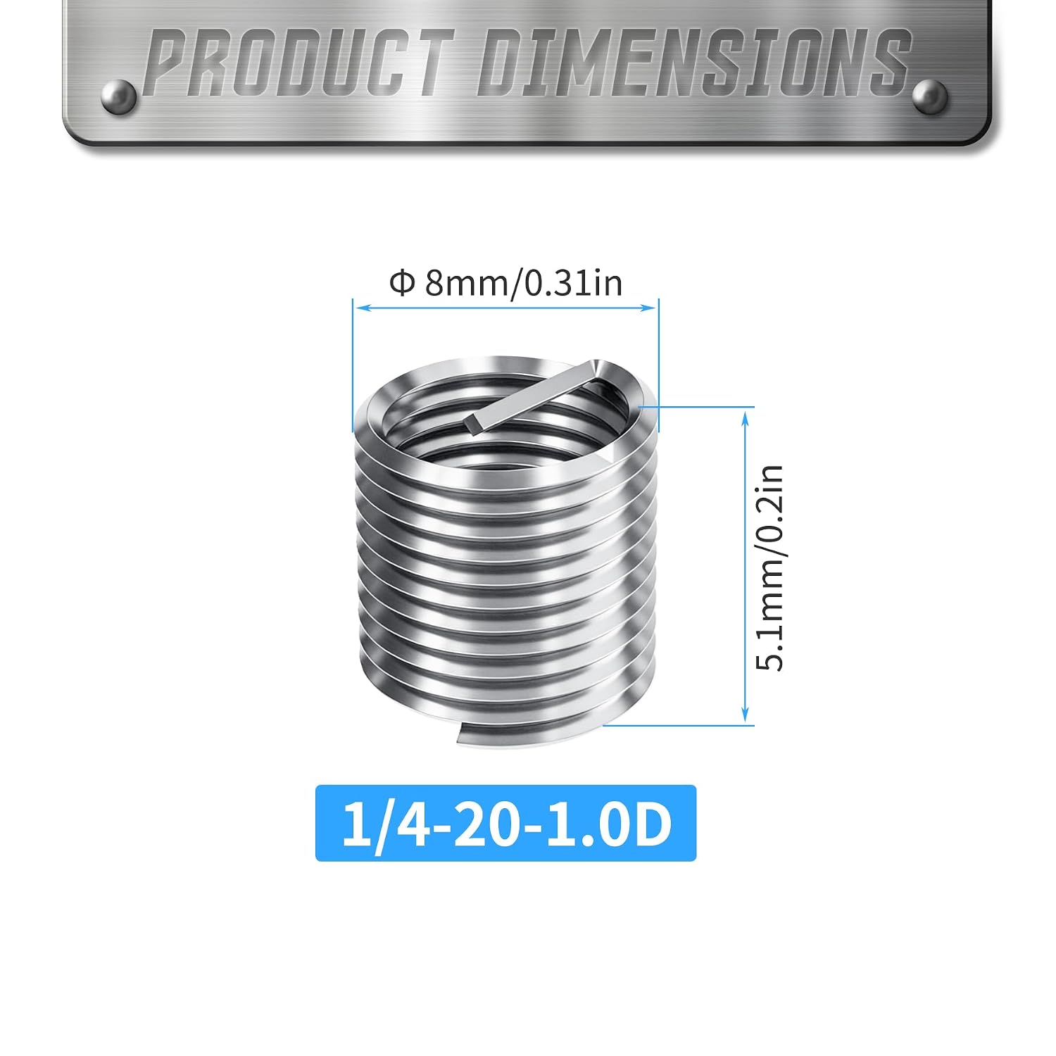 10Pcs 1/4-20 UNC 1.0 D Wire Thread Inserts, 304 Stainless Steel Coiled Wire Screw Sleeve,Thread Repair Insert Fastener Mending Kit for Automotive and Industrial Maintenance