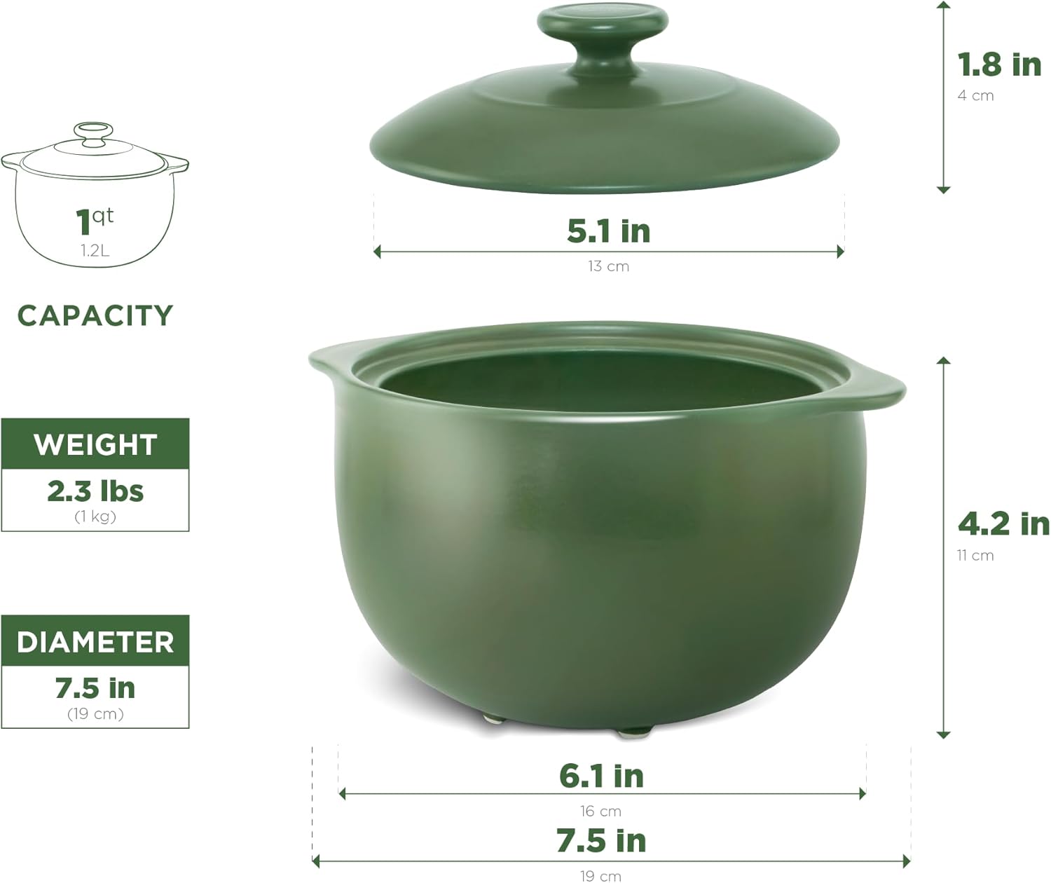 MINH LONG 1-Qt Porcelain Dutch Oven with Lid – Lead & Cadmium Free, Oven Safe to 482°F, Heat Retention, Clay Pot for Cooking on Gas & Infrared Cooktop, Use to Marinate, Cook, Bake, Refrigerate & Serve