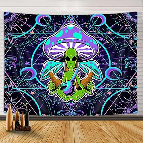 Trippy Cool Alien Mushroom Tapestry, Magical Psychedelic Mushroom Tapestries Trippy Fractal Art Aesthetic Tapestry Wall Hanging, Tapestry for Bedroom Living Room Poster Blanket College Dorm (60X40) Cover