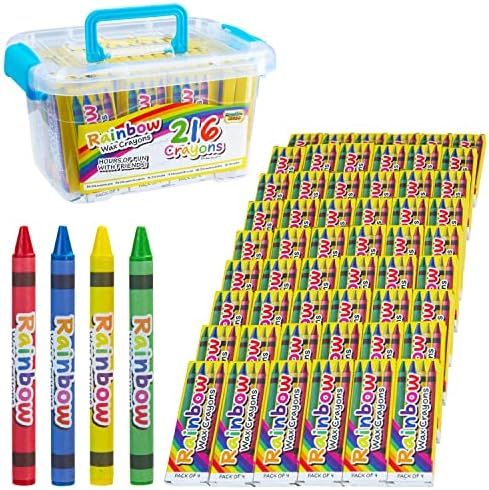 KreativeKraft Wax Crayons Kids and Toddlers - 216pcs 54 x 4 Pack Rainbow Colours Assorted with Carry On Case - Kindergarten School Party Bag Fillers Classrooms