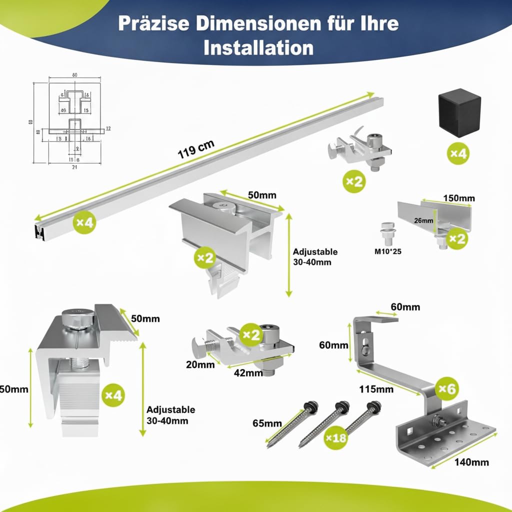 Solarmodul Halterung Ziegeldach Montageset für 2 Paneele – Edelstahl-Dachhaken und Aluminium-Profile, kompatibel mit 30-40 mm dicke Solarmodulen auf Schrägdächern, ‎‎0% MwSt.