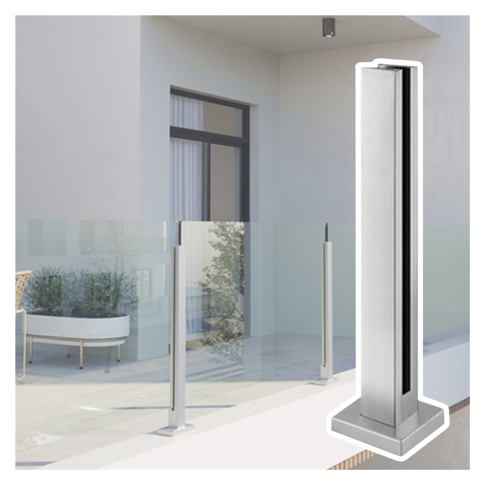Poteau de rampe d'escalier en acier inoxydable 304 - 1 balustre argenté pour une hauteur de verre de 10 à 12 mm - 60 à 140 cm - Idéal pour les installations moyennes/angulaires/d'extrémité