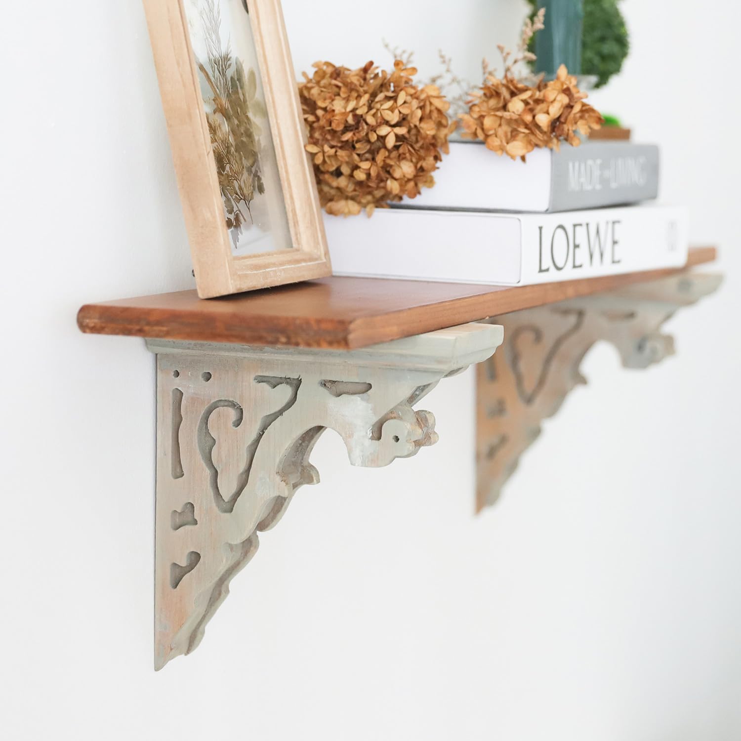 BIG FORTUNE Set of 2 Corbels for Shelves Wood Corbels Decorative,L7.2 x W3.1 x H7.8 Inch, Shelf Brackets Wooden Vintage Shelf Farmhouse Decor(Gray)