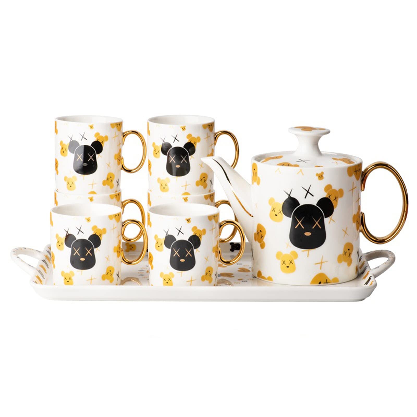 Carafe Eau Pichet d'eau froide sertie de tasse de thé en céramique coiffe de cuivre avec plateau 6 tasses boissons for boissons à base d'eau de thé glacée Pichet à Thé Glacé(Color:Yellow)