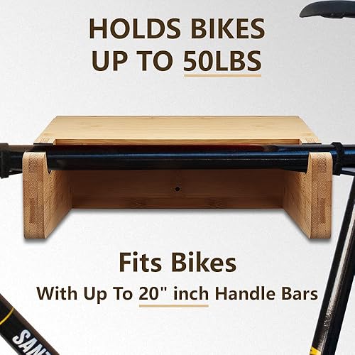 Miniatura 5 de Lifronkit Soporte de pared para bicicleta portabicicletas de bambú con estante extraíble y ganchos de 2 pulgadas en S almacenamiento de accesorios