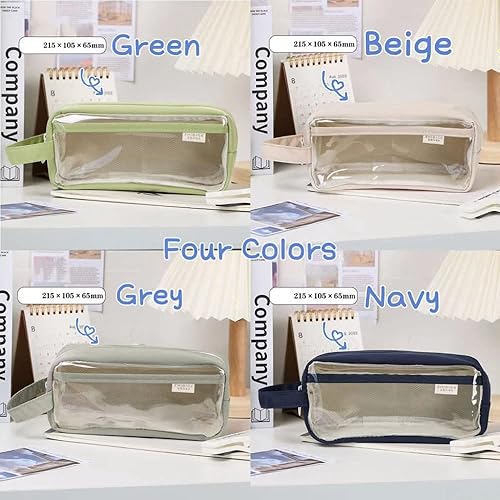 Miniatura 5 de Estuche transparente para lápices estéticos, suministros escolares, estuche grande y lindo para niñas, estuche estético (verde, con clip y nota