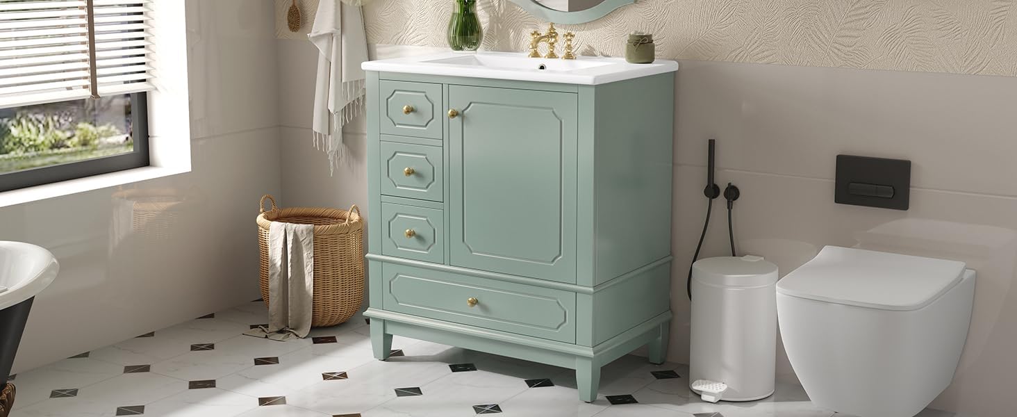 Bellemave 30" Bathroom Vanity with Sink, Freestanding Bathroom Storage Vanity Cabinet with 3 Drawers Storage Shelves Soft-Closing Door, Light Green