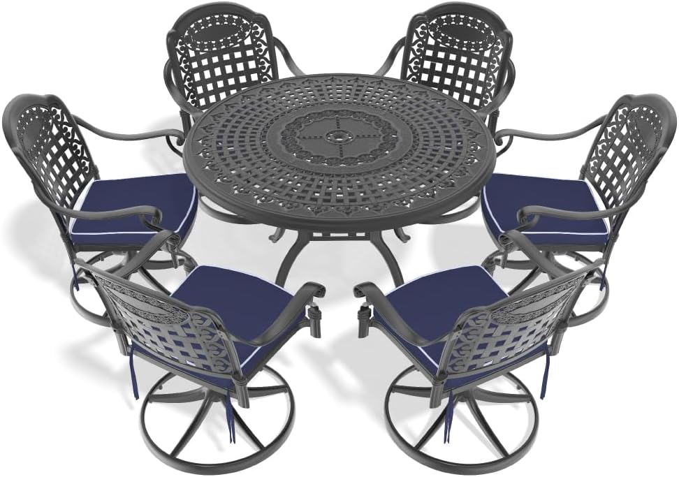Durable Cast Aluminum Outdoor Dining Set for Patio, Deck or Backyard – Weather-Resistant, Rust-Free Construction with Comfortable Seating (Aluminium + 7 Piece + Cushions-2)