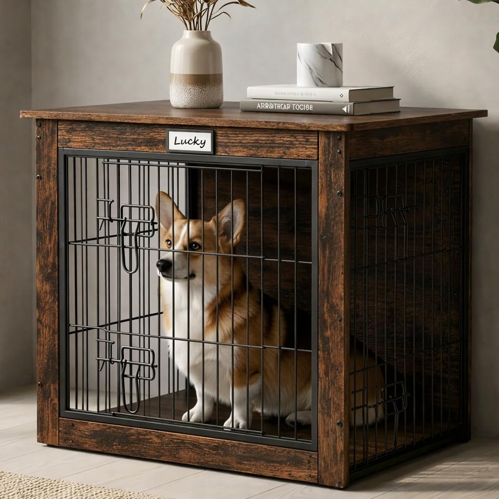 Dog Crate Furniture with Reversible Side Door, 28'' Heavy Duty Wooden Dog Kennel Indoor for Small Medium Dogs, Furniture Style Dog Cage with Double Locks, Steel Mesh, Rustic End Table Dog Crate