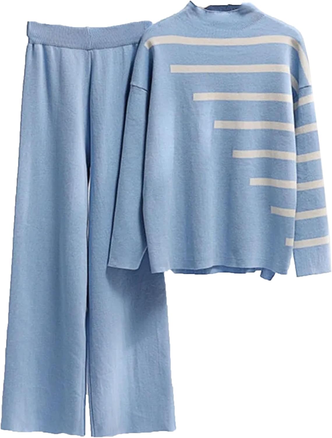 Dcvmvmn Women's Loose Knitwear 2 Pieces Sets Knit Striped Pullover Sweater Sets High Waist Wide Leg Pants Sets