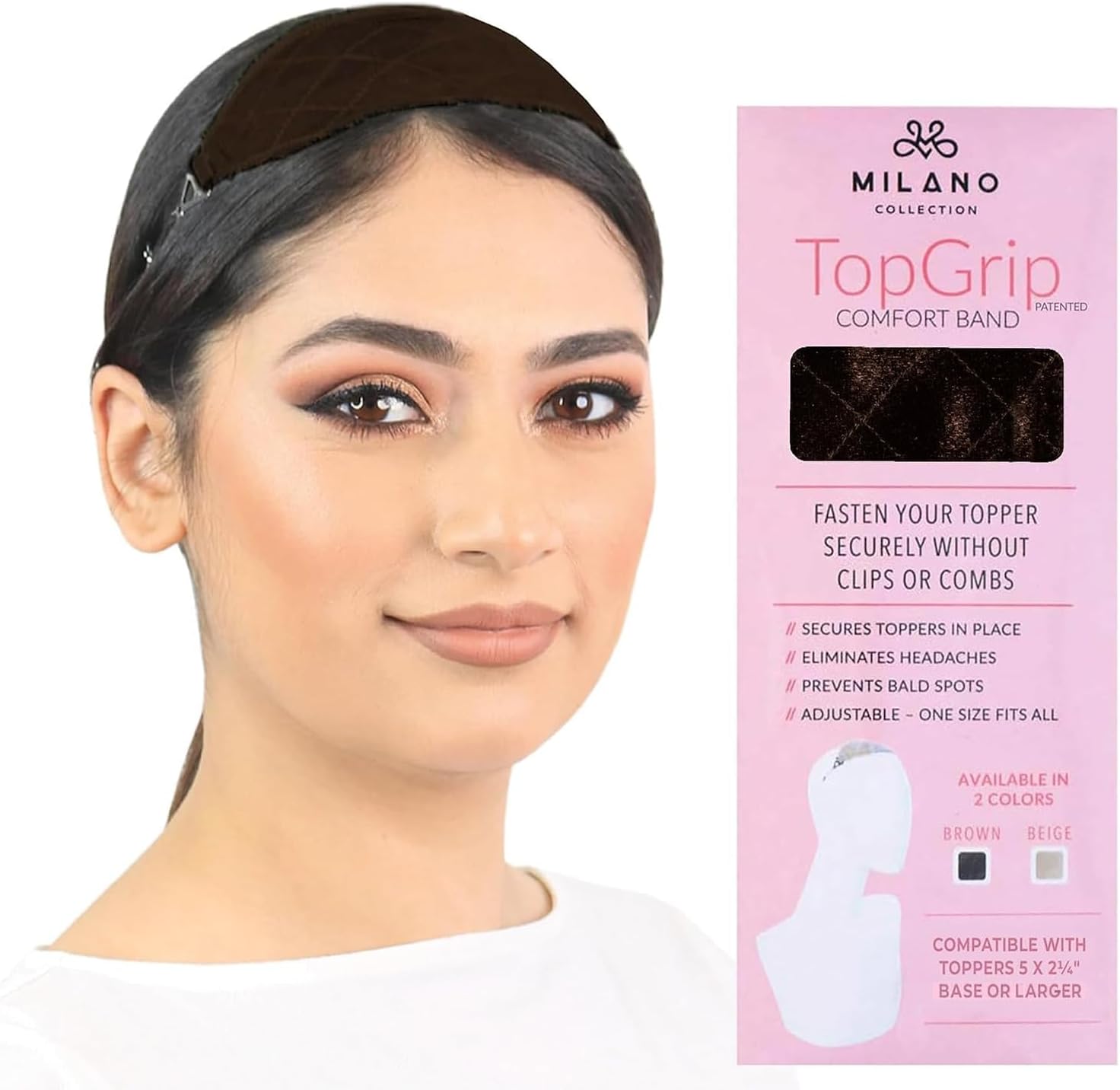 MILANO COLLECTION Glueless Top Grip for Hair Topper & Wiglets, Adjustable Translucent Strap with Side Openings, Top Headband for Your Wig or Topper, Includes Clips, Brown, Small