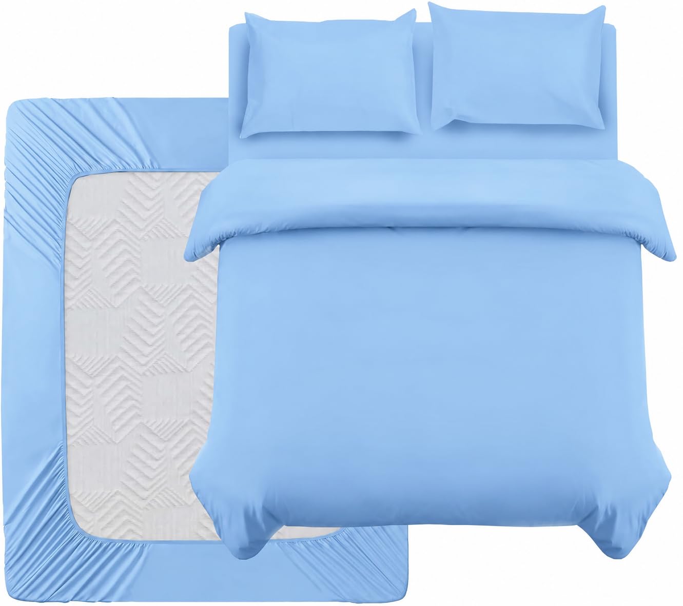 Oxford Homeware Double Duvet Set Light Blue Brushed Microfiber 4 Piece Double Bedding Set with Fitted Sheet and Pillowcases Soft Breathable Duvet Cover Sets